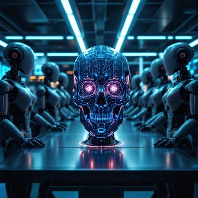 The primary subject of the image is a skull, which is placed on a table. The setting is a room with multiple robots or humanoid figures surrounding the skull. The visual style appears to be a combination of photo and digital art, creating a unique and intriguing scene. The colors and mood of the image are predominantly dark, with the skull and the robots being the main focus.